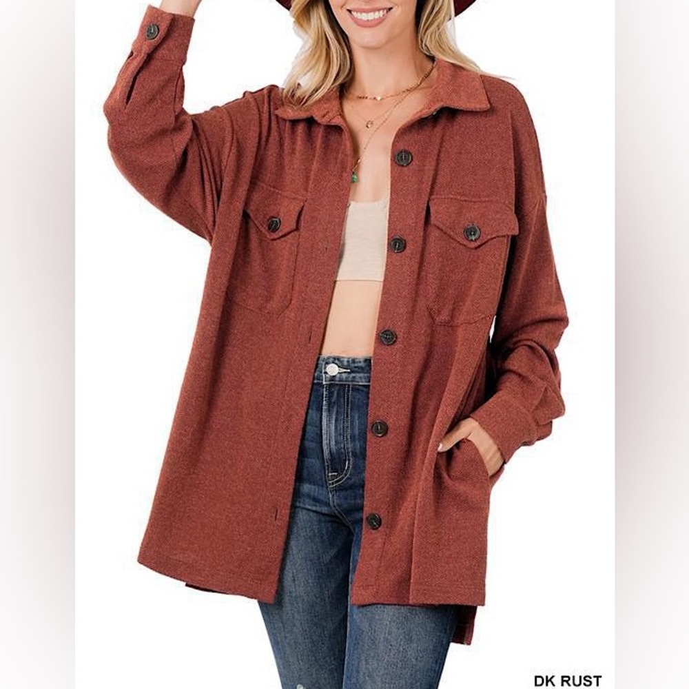 🍒BOGO50%🍒🆕🤎ZENANA: DK RUST Oversized Soft Jacquard Shacket w/Pockets SMALL